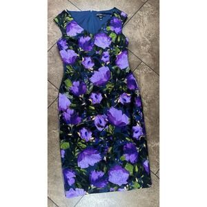 Maggie London Dress Purple Floral Sheath Cocktail Party Sz 10 Office Work Career
